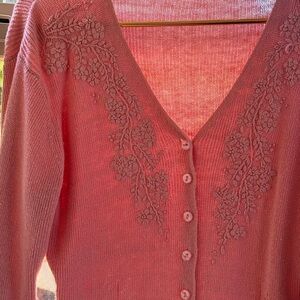 Vintage Pink Cardigan Sweater with Embroidered Details